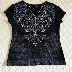 New Direction Black Top Short Sleeve T-shirt Rhinestone BOHO Blouse Biker Bling